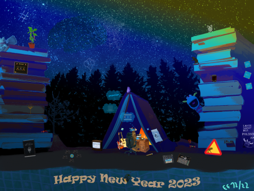 New Years Card for 2023: A night scene in a forest with an elk in a tent made of a book.